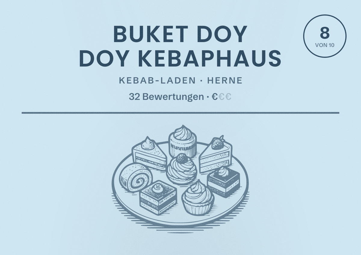 Illustriertes Poster von Buket Doy Doy Kebaphaus, Kebab-Laden in Herne: Bewertung 8 von 10 aus 32 Bewertungen, Preisniveau €