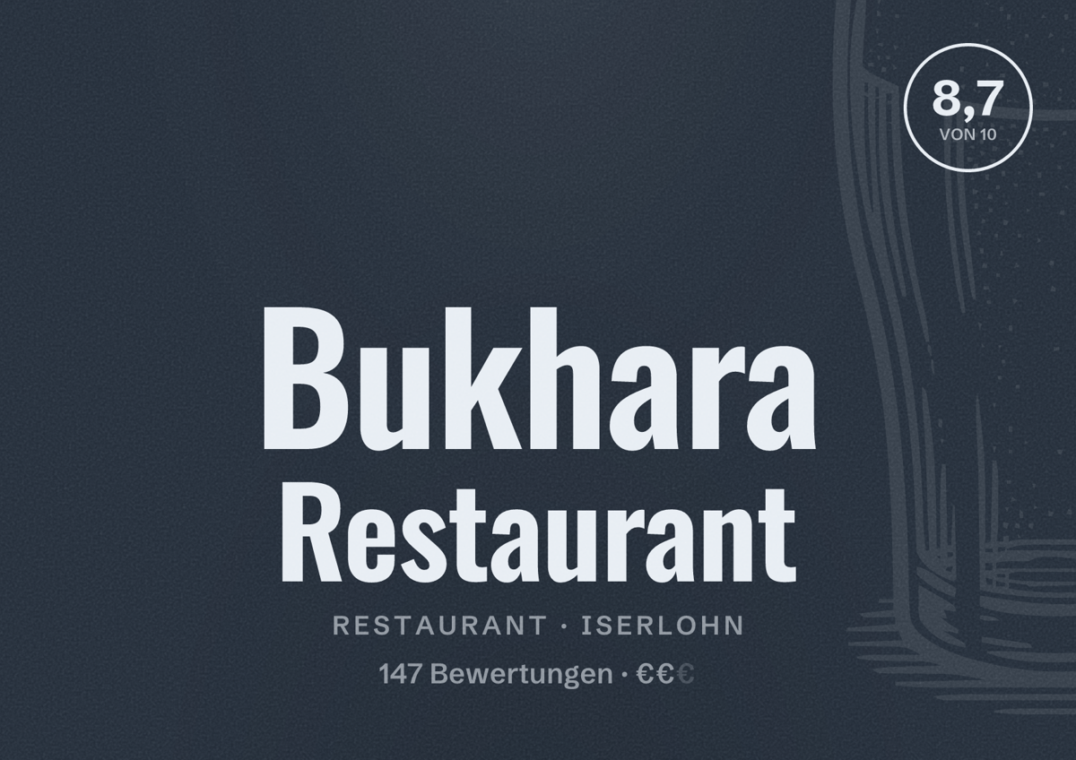 Illustriertes Poster von Bukhara Restaurant, Restaurant in Iserlohn: Bewertung 8,7 von 10 aus 147 Bewertungen, Preisniveau €€