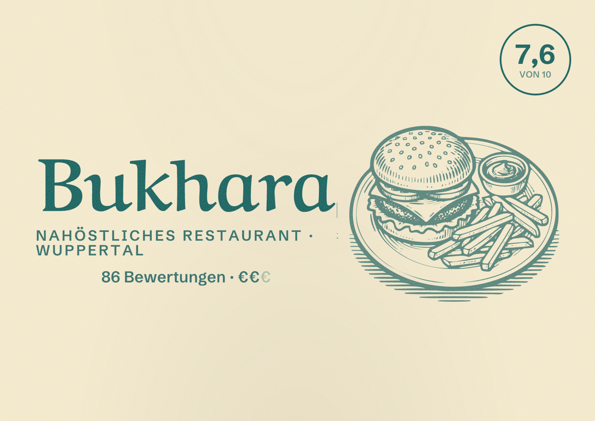 Illustriertes Poster von Bukhara, Nahöstliches Restaurant in Wuppertal: Bewertung 7,6 von 10 aus 86 Bewertungen, Preisniveau €€