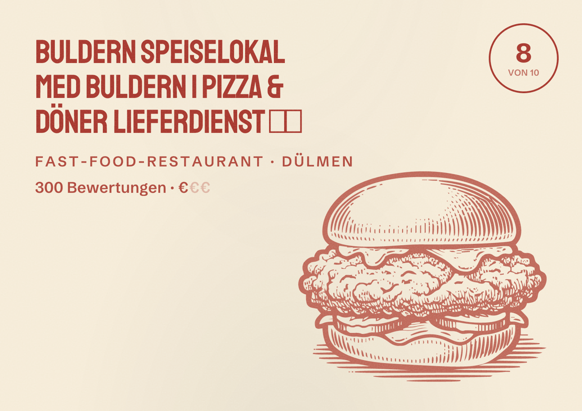 Illustriertes Poster von BULDERN Speiselokal Med BULDERN | Pizza & Döner Lieferdienst 🍕🥙, Fast-Food-Restaurant in Dülmen: Bewertung 8 von 10 aus 300 Bewertungen, Preisniveau €
