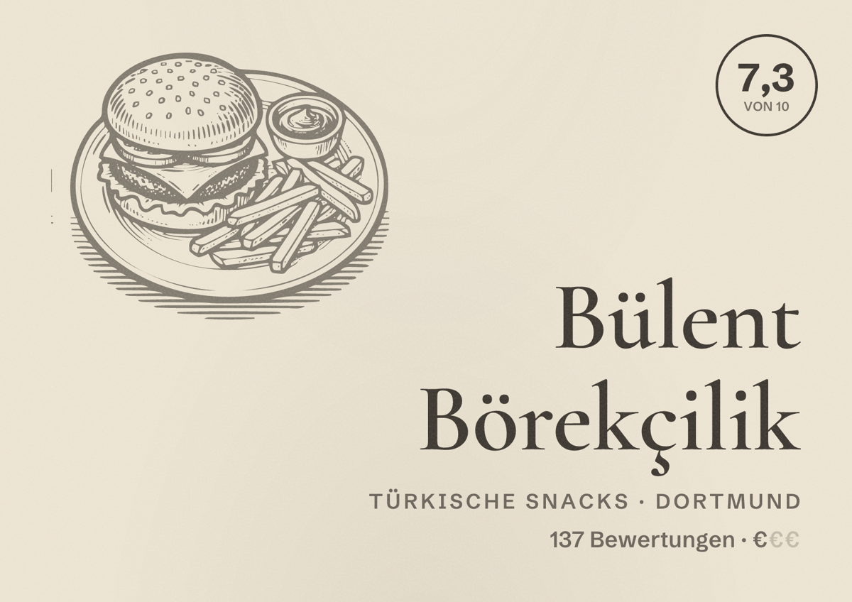 Illustriertes Poster von Bülent Börekçilik, Türkische Snacks in Dortmund: Gästebewertung 7,3 von 10 aus 137 Bewertungen