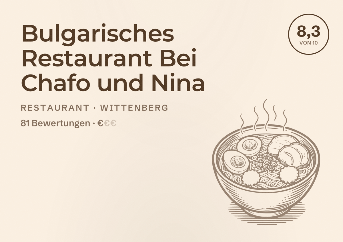Illustriertes Poster von Bulgarisches Restaurant Bei Chafo und Nina, Restaurant in Wittenberg: Bewertung 8,3 von 10 aus 81 Bewertungen, Preisniveau €