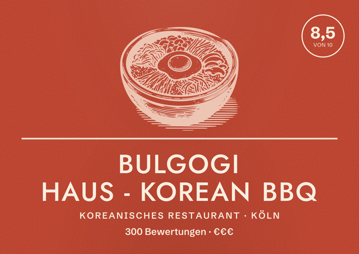 Illustriertes Poster von Bulgogi Haus - KOREAN BBQ, Koreanisches Restaurant in Köln: Bewertung 8,5 von 10 aus 300 Bewertungen, Preisniveau €€€