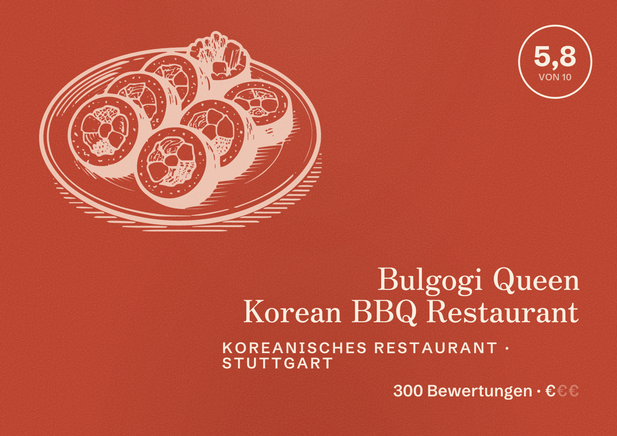 Illustriertes Poster von Bulgogi Queen Korean BBQ Restaurant, Koreanisches Restaurant in Stuttgart: Bewertung 5,8 von 10 aus 300 Bewertungen, Preisniveau €
