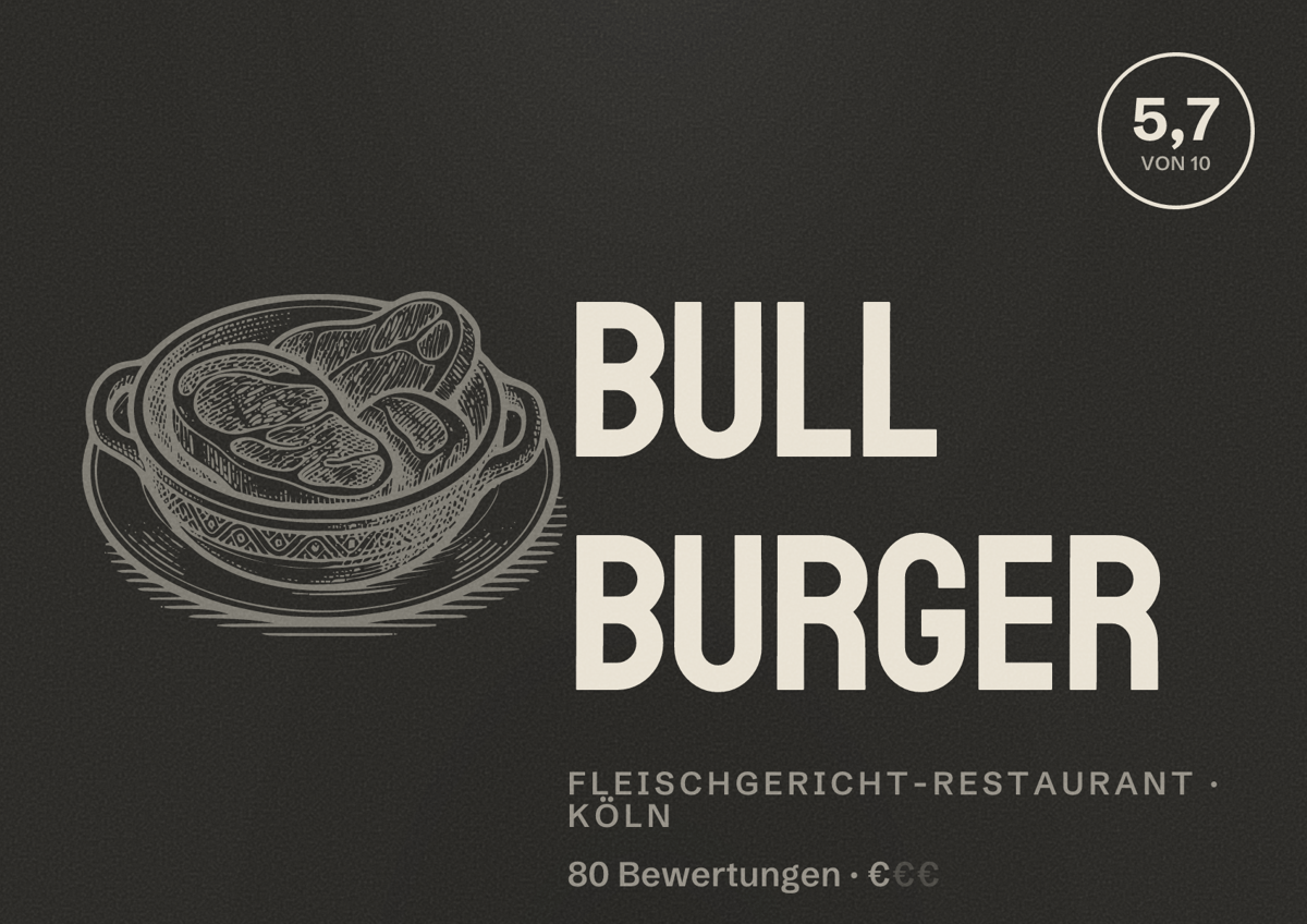Illustriertes Poster von Bull Burger, Fleischgericht-Restaurant in Köln: Bewertung 5,7 von 10 aus 80 Bewertungen, Preisniveau €