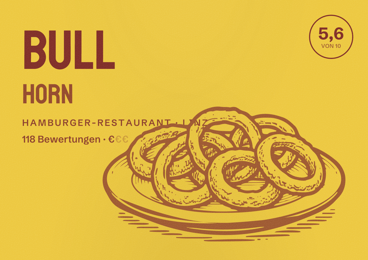 Illustriertes Poster von Bull Horn, Hamburger-Restaurant in Linz: Bewertung 5,6 von 10 aus 118 Bewertungen, Preisniveau €
