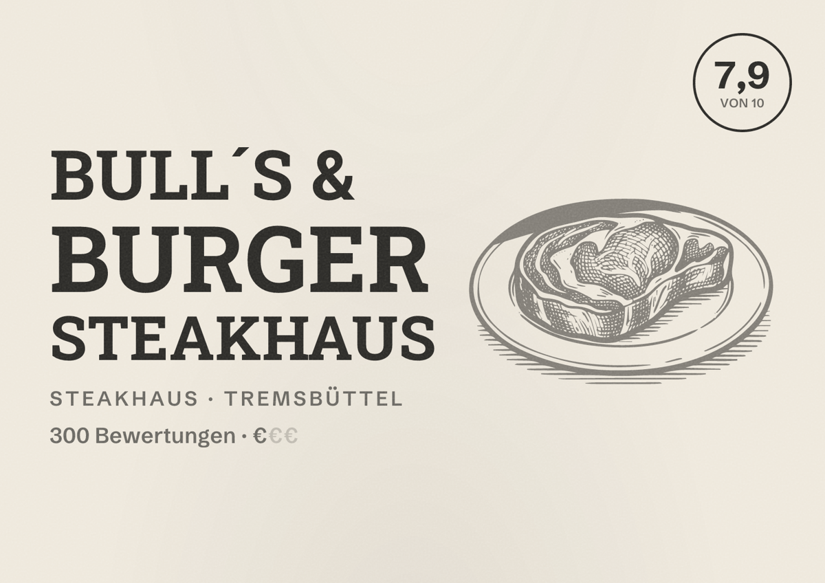 Illustriertes Poster von Bull´s & Burger Steakhaus, Steakhaus in Tremsbüttel: Bewertung 7,9 von 10 aus 300 Bewertungen, Preisniveau €