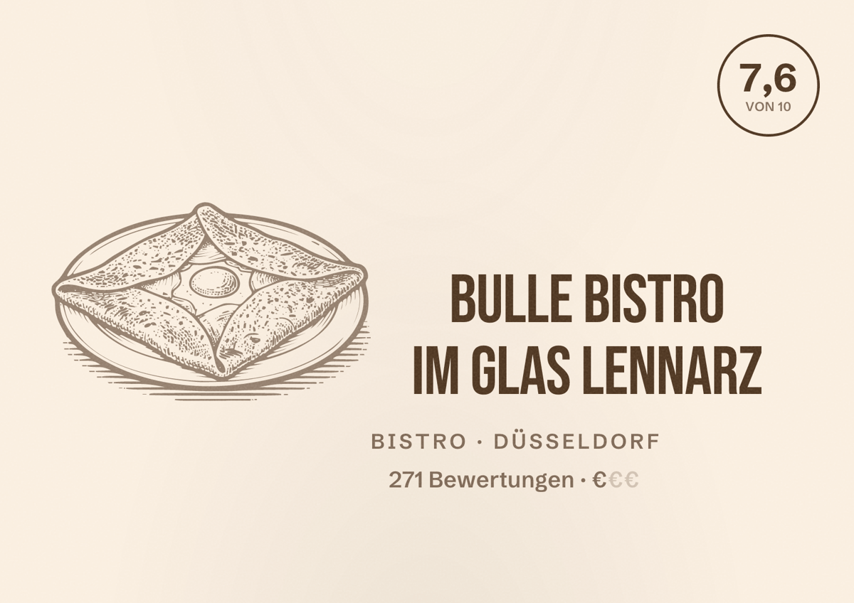 Illustriertes Poster von Bulle Bistro im Glas Lennarz, Bistro in Düsseldorf: Bewertung 7,6 von 10 aus 271 Bewertungen, Preisniveau €