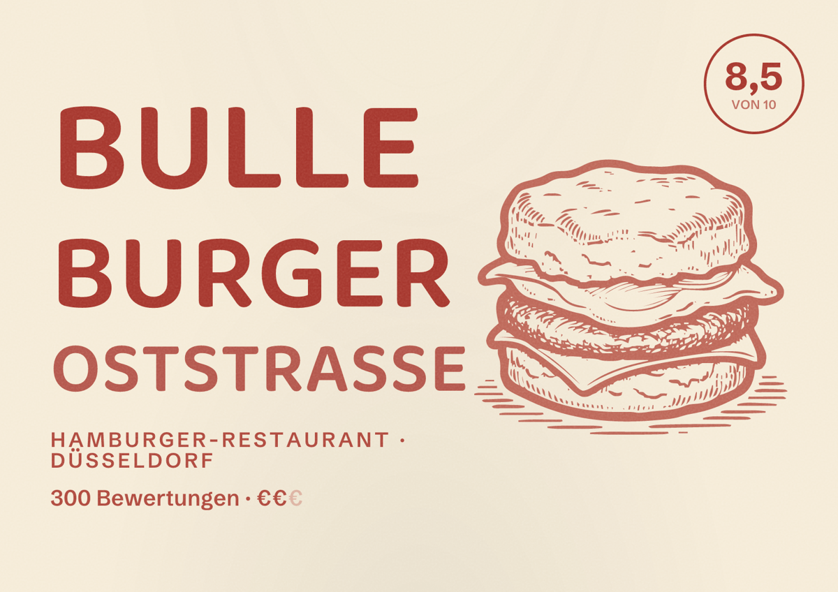 Illustriertes Poster von Bulle Burger Oststraße, Hamburger-Restaurant in Düsseldorf: Bewertung 8,5 von 10 aus 300 Bewertungen, Preisniveau €€
