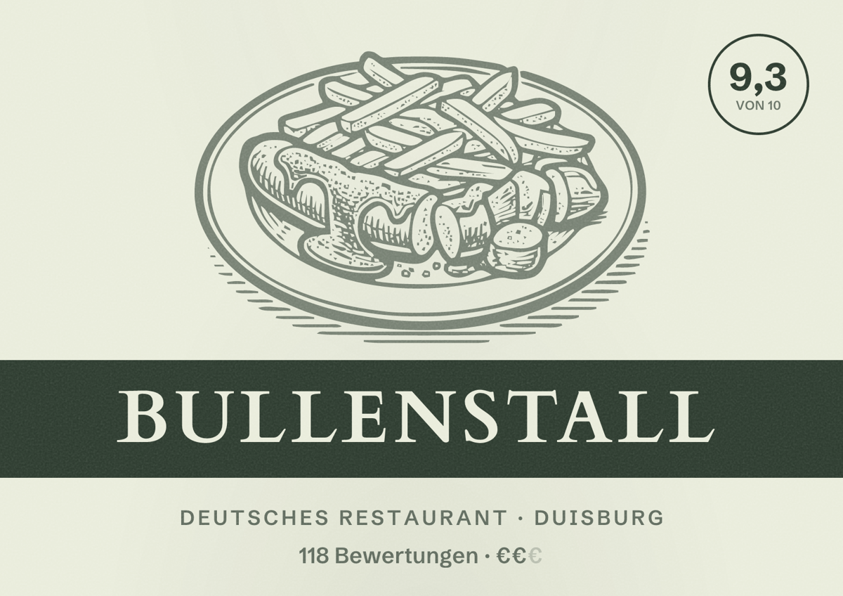 Illustriertes Poster von Bullenstall, Deutsches Restaurant in Duisburg: Bewertung 9,3 von 10 aus 118 Bewertungen, Preisniveau €€