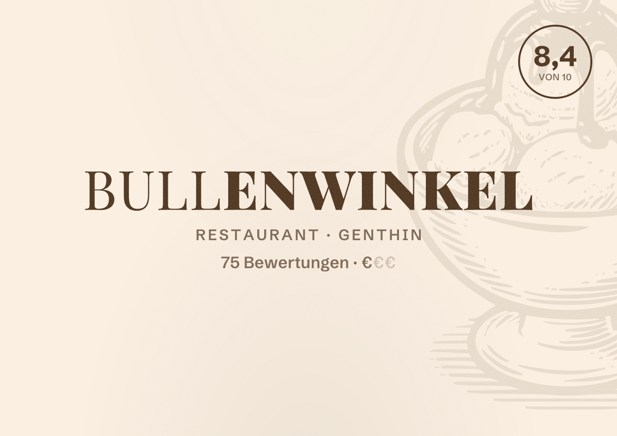 Illustriertes Poster von Bullenwinkel, Restaurant in Genthin: Bewertung 8,4 von 10 aus 75 Bewertungen, Preisniveau €