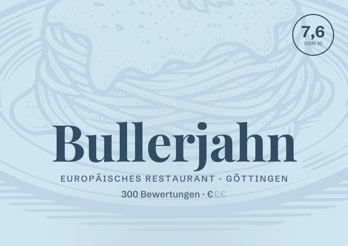 Illustriertes Poster von Bullerjahn, Europäisches Restaurant in Göttingen: Bewertung 7,6 von 10 aus 300 Bewertungen, Preisniveau €