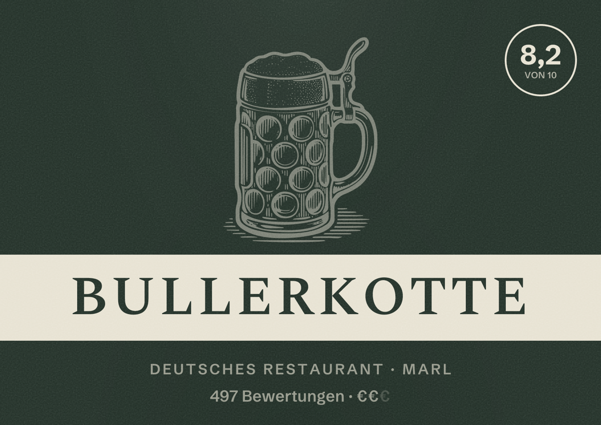 Illustriertes Poster von Bullerkotte, Deutsches Restaurant in Marl: Gästebewertung 8,2 von 10 aus 497 Bewertungen