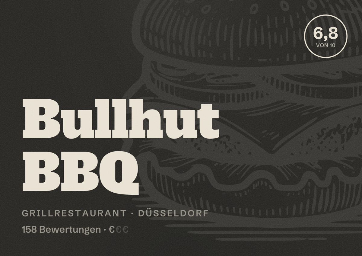 Illustriertes Poster von Bullhut BBQ, Grillrestaurant in Düsseldorf: Bewertung 6,8 von 10 aus 158 Bewertungen, Preisniveau €