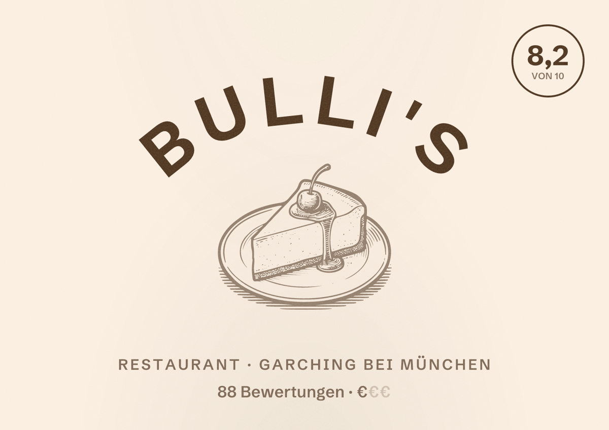 Illustriertes Poster von Bulli's, Restaurant in Garching bei München: Bewertung 8,2 von 10 aus 88 Bewertungen, Preisniveau €
