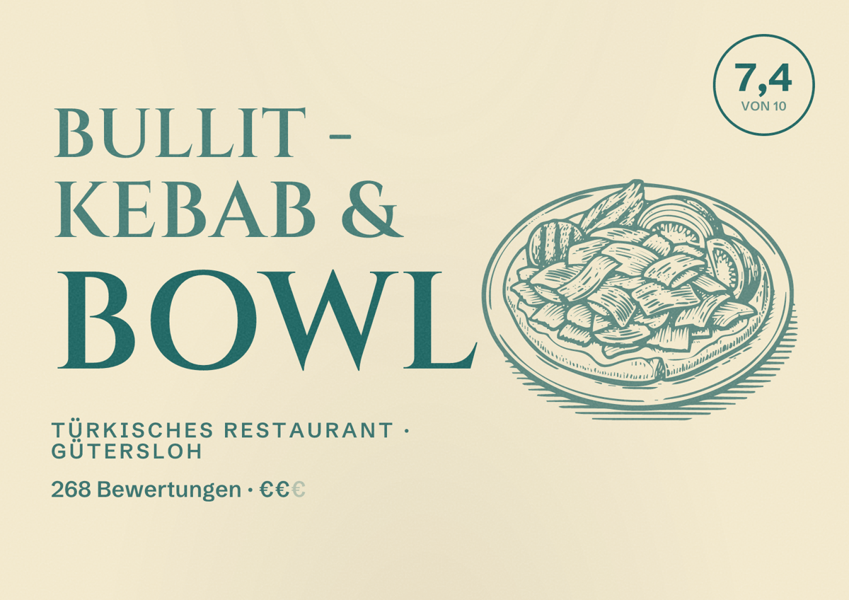 Illustriertes Poster von BULLIT - Kebab & Bowl, Türkisches Restaurant in Gütersloh: Bewertung 7,4 von 10 aus 268 Bewertungen, Preisniveau €€
