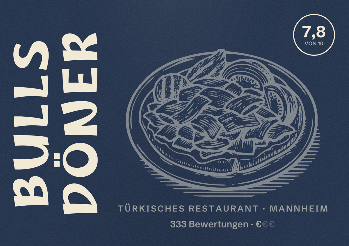 Illustriertes Poster von Bulls Döner, Türkisches Restaurant in Mannheim: Bewertung 7,8 von 10 aus 333 Bewertungen, Preisniveau €