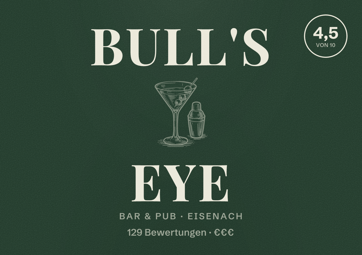Illustriertes Poster von Bull's Eye, Bar & Pub in Eisenach: Bewertung 4,5 von 10 aus 129 Bewertungen, Preisniveau €€€