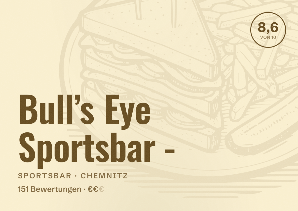 Illustriertes Poster von Bull’s Eye Sportsbar -, Sportsbar in Chemnitz: Bewertung 8,6 von 10 aus 151 Bewertungen, Preisniveau €€