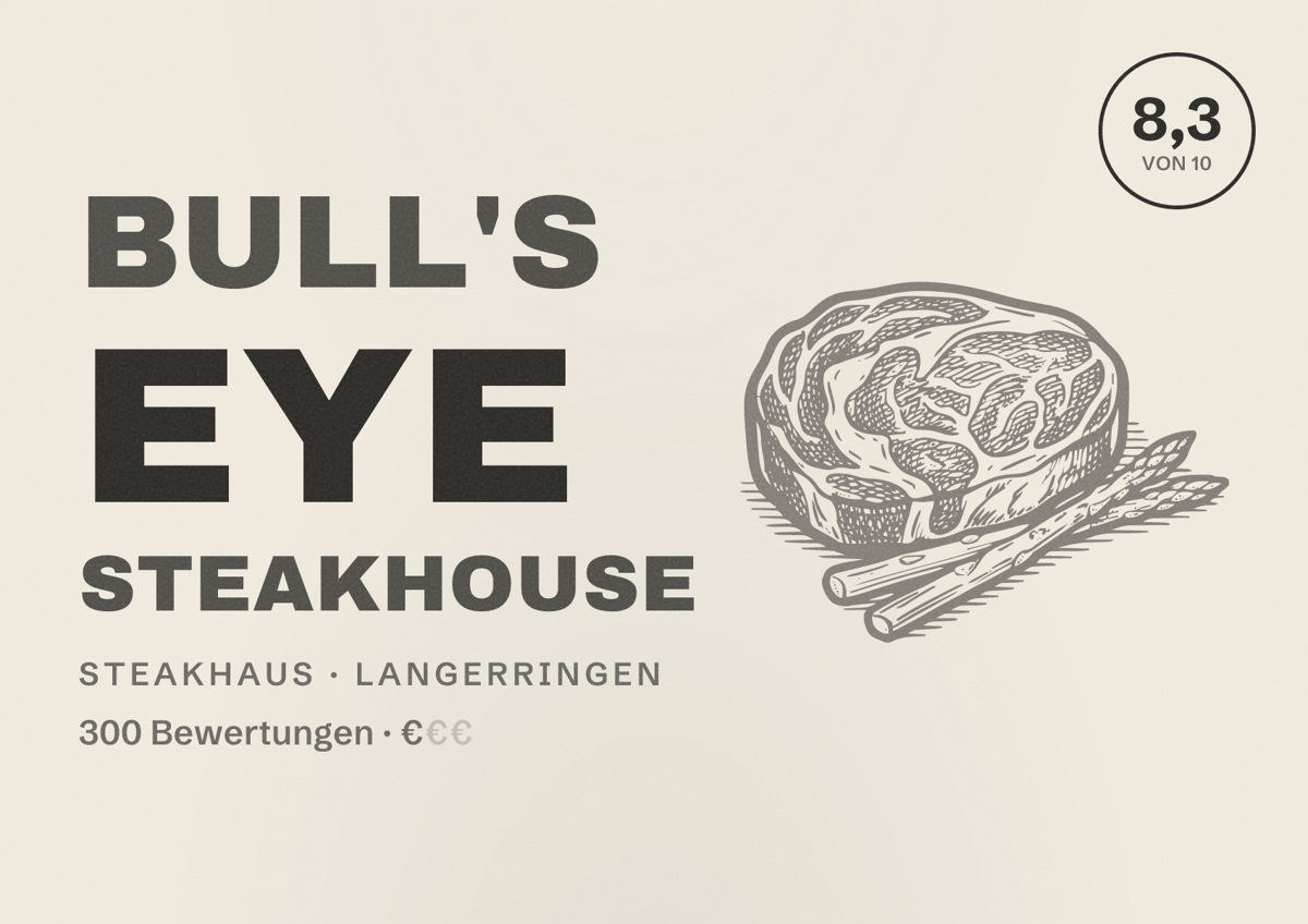 Illustriertes Poster von Bull's Eye Steakhouse, Steakhaus in Langerringen: Bewertung 8,3 von 10 aus 300 Bewertungen, Preisniveau €
