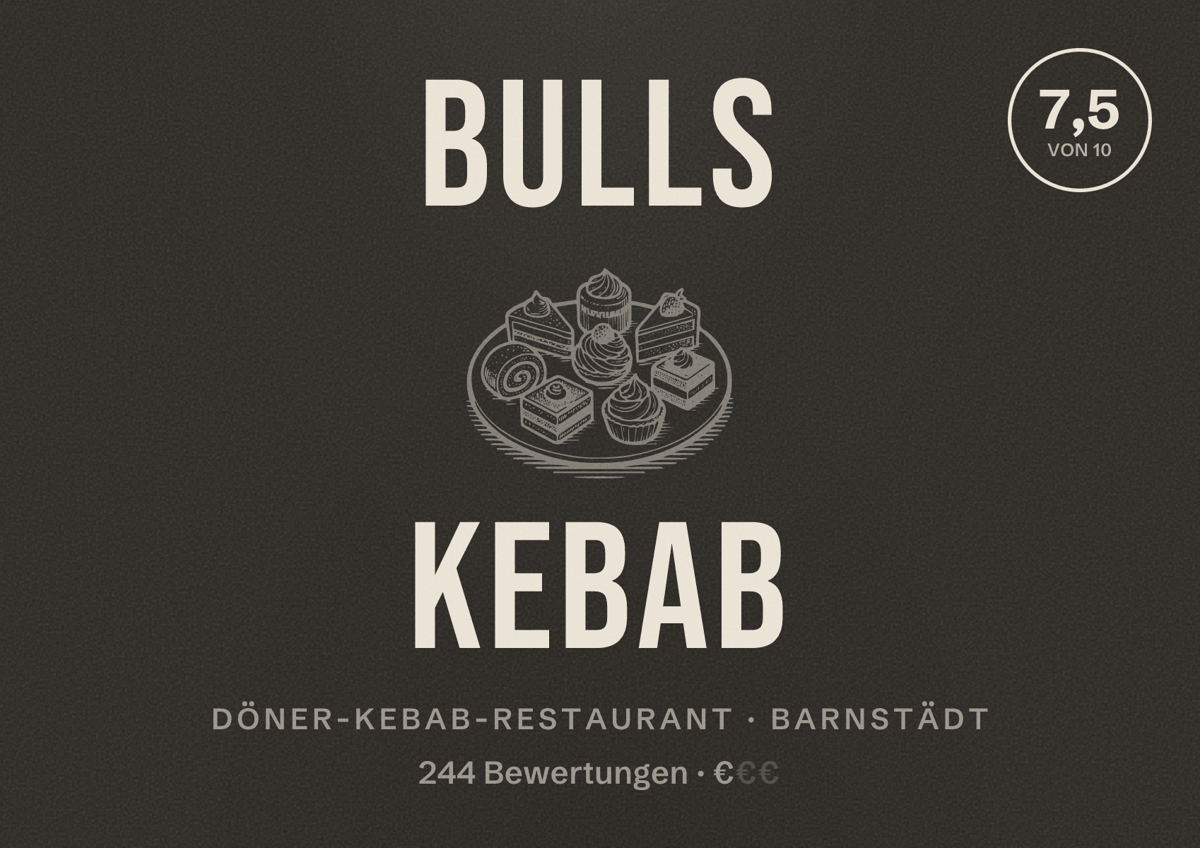 Illustriertes Poster von Bulls Kebab, Döner-Kebab-Restaurant in Barnstädt: Bewertung 7,5 von 10 aus 244 Bewertungen, Preisniveau €