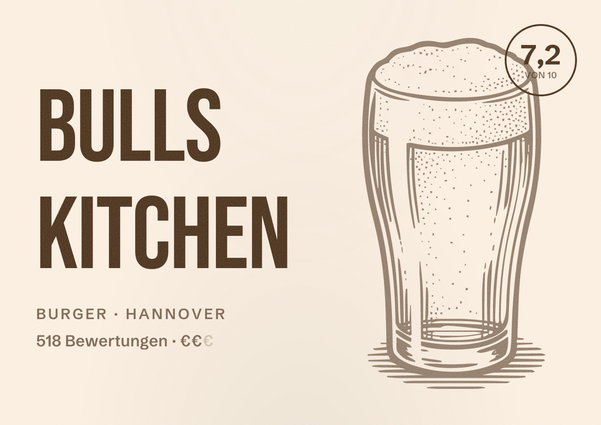 Illustriertes Poster von Bulls Kitchen, Burger in Hannover: Bewertung 7,2 von 10 aus 518 Bewertungen, Preisniveau €€