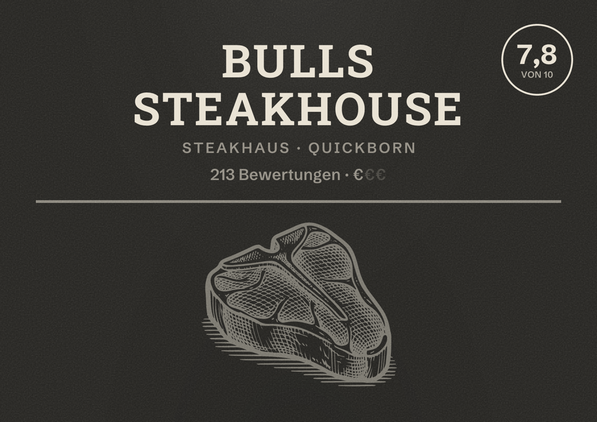 Illustriertes Poster von Bulls Steakhouse, Steakhaus in Quickborn: Bewertung 7,8 von 10 aus 213 Bewertungen, Preisniveau €