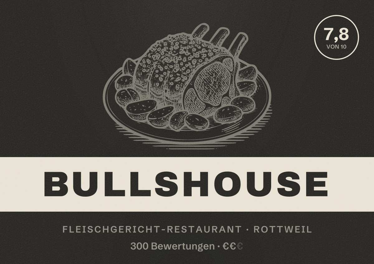 Illustriertes Poster von Bullshouse, Fleischgericht-Restaurant in Rottweil: Bewertung 7,8 von 10 aus 300 Bewertungen, Preisniveau €€