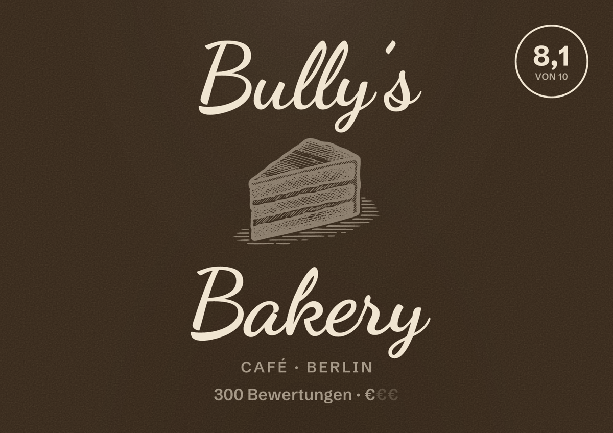 Illustriertes Poster von Bully’s Bakery, Café in Berlin: Bewertung 8,1 von 10 aus 300 Bewertungen, Preisniveau €