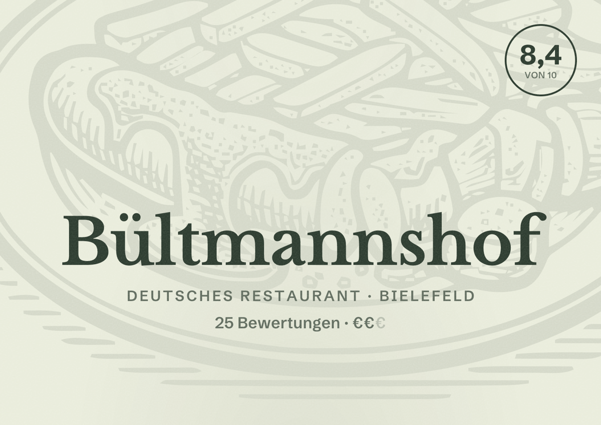 Illustriertes Poster von Bültmannshof, Deutsches Restaurant in Bielefeld: Bewertung 8,4 von 10 aus 25 Bewertungen, Preisniveau €€