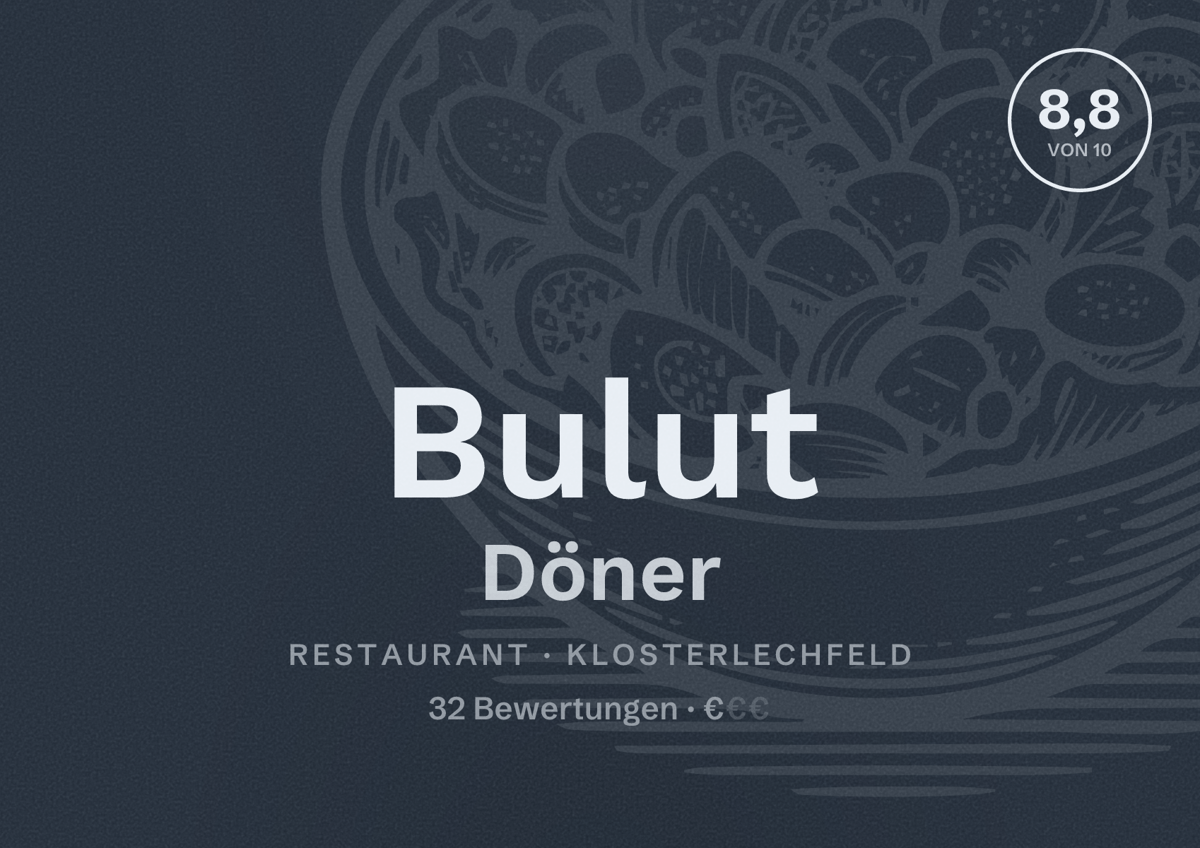 Illustriertes Poster von Bulut Döner, Restaurant in Klosterlechfeld: Bewertung 8,8 von 10 aus 32 Bewertungen, Preisniveau €