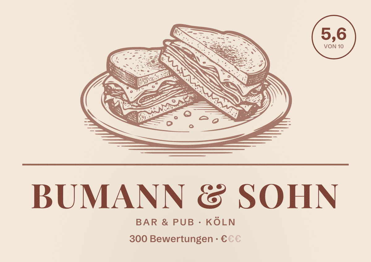 Illustriertes Poster von Bumann & SOHN, Bar & Pub in Köln: Bewertung 5,6 von 10 aus 300 Bewertungen, Preisniveau €