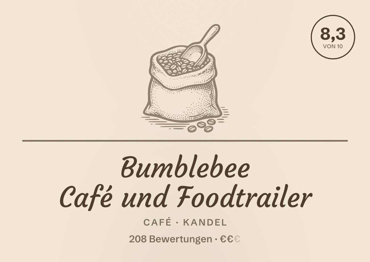 Illustriertes Poster von Bumblebee Café und Foodtrailer, Café in Kandel: Bewertung 8,3 von 10 aus 208 Bewertungen, Preisniveau €€