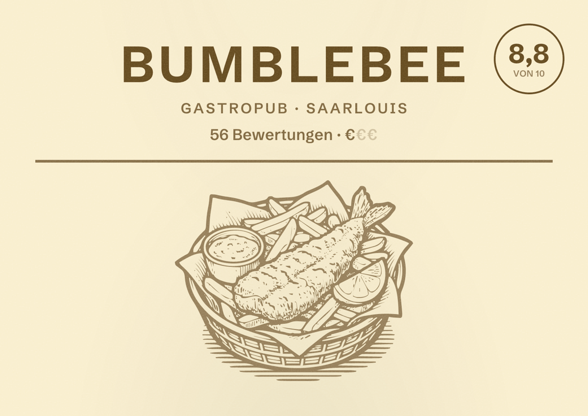 Illustriertes Poster von Bumblebee, Gastropub in Saarlouis: Bewertung 8,8 von 10 aus 56 Bewertungen, Preisniveau €