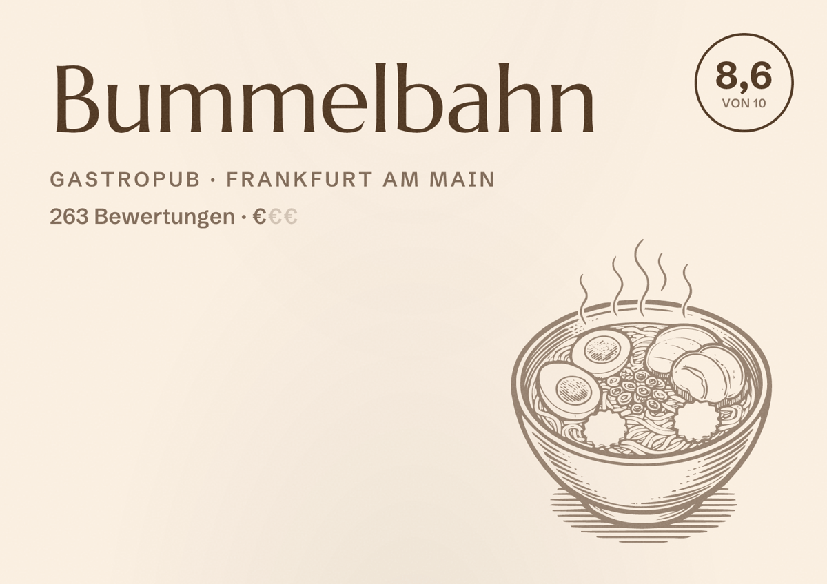 Illustriertes Poster von Bummelbahn, Gastropub in Frankfurt am Main: Bewertung 8,6 von 10 aus 263 Bewertungen, Preisniveau €