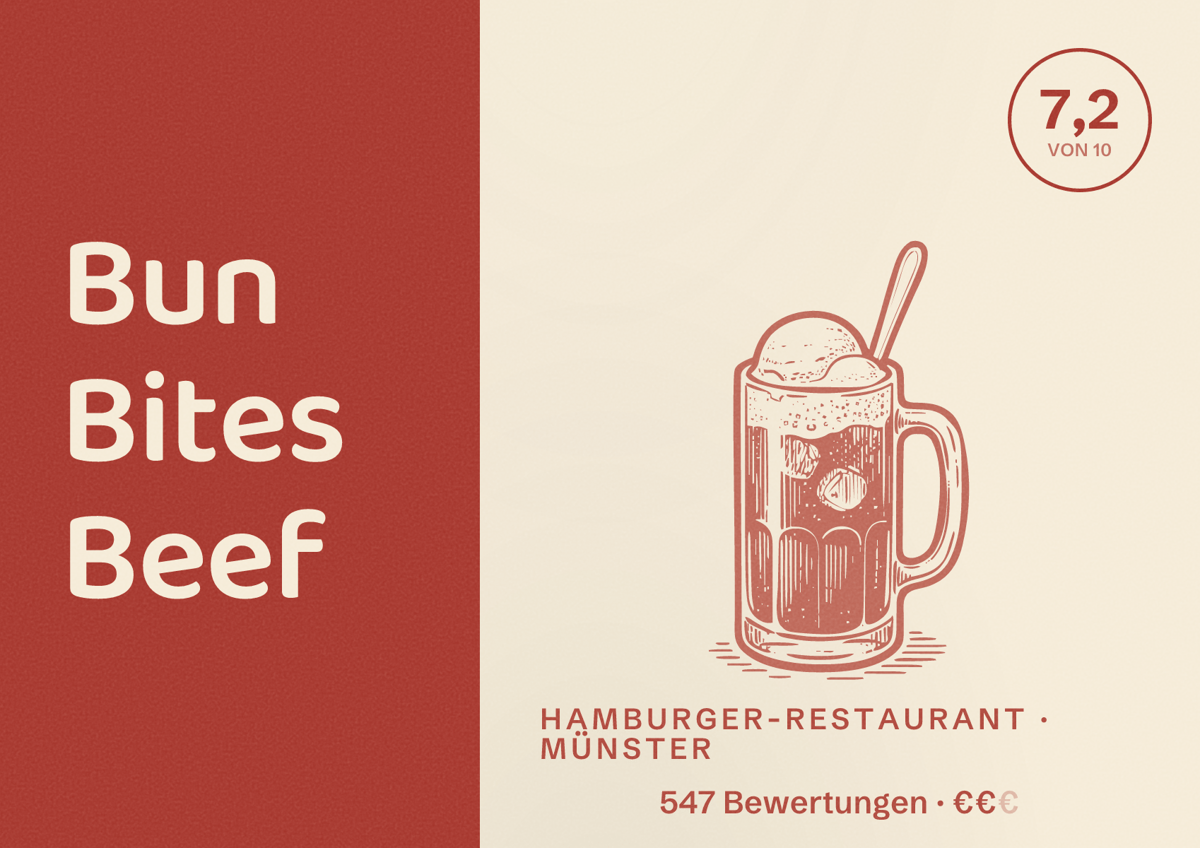 Illustriertes Poster von Bun Bites Beef, Hamburger-Restaurant in Münster: Bewertung 7,2 von 10 aus 547 Bewertungen, Preisniveau €€
