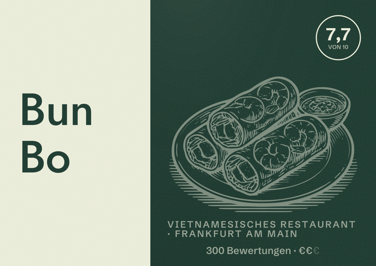 Illustriertes Poster von Bun Bo, Vietnamesisches Restaurant in Frankfurt am Main: Bewertung 7,7 von 10 aus 300 Bewertungen, Preisniveau €€