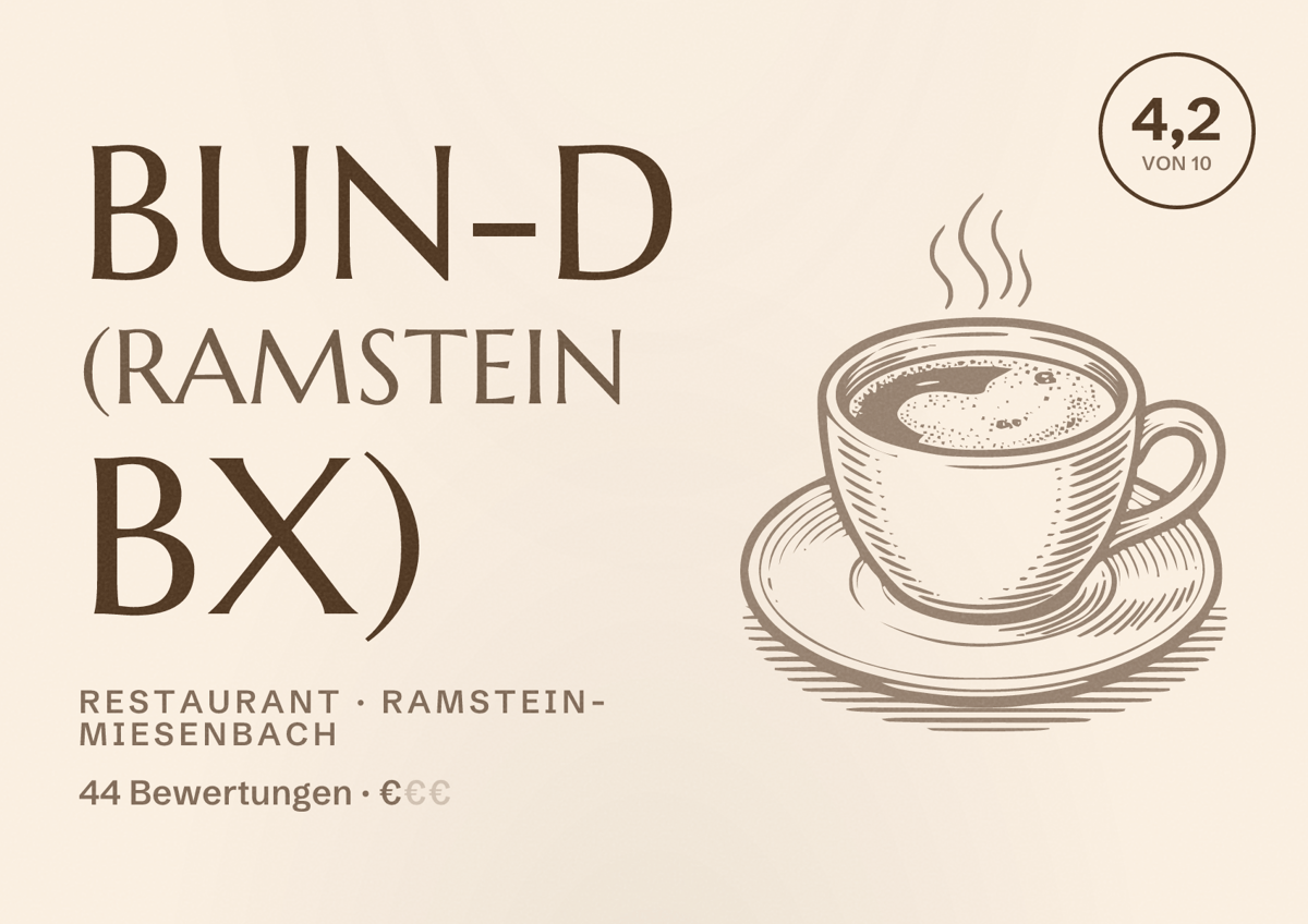Illustriertes Poster von Bun-d (Ramstein BX), Restaurant in Ramstein-Miesenbach: Bewertung 4,2 von 10 aus 44 Bewertungen, Preisniveau €