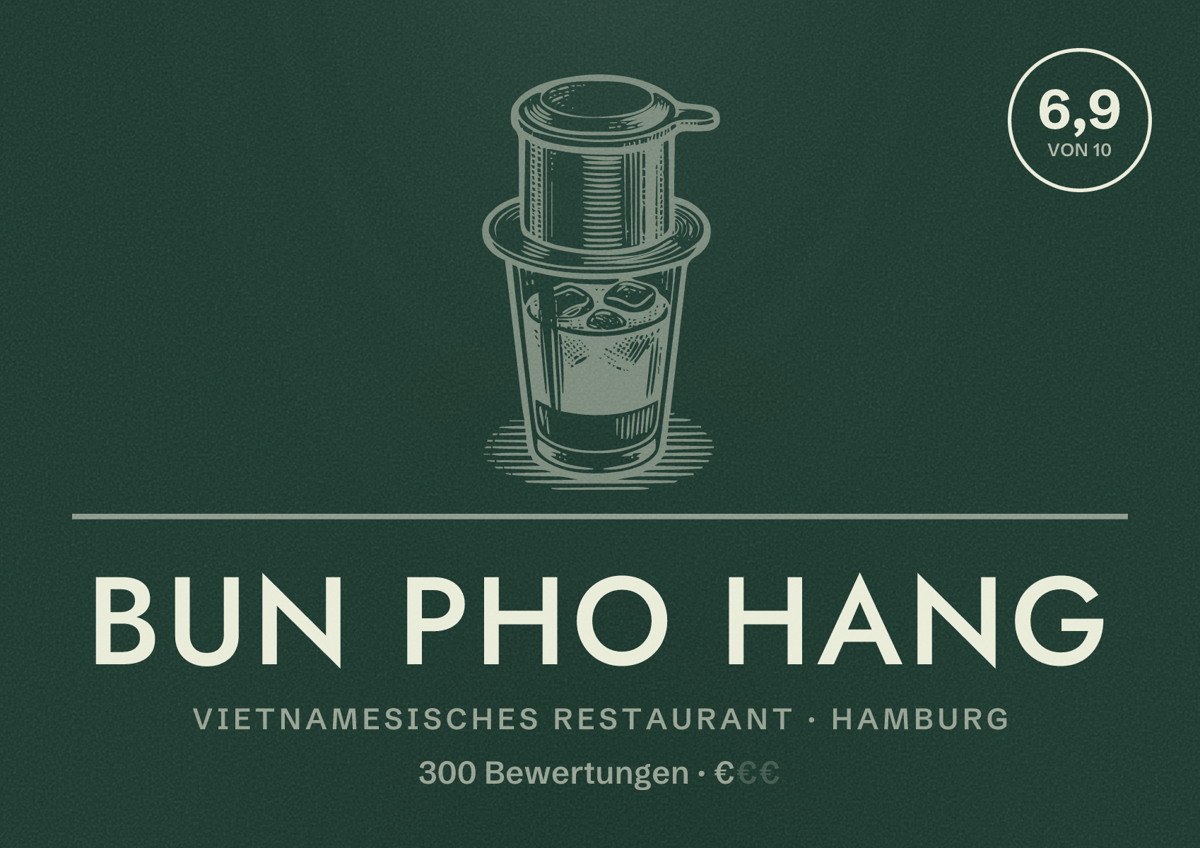 Illustriertes Poster von Bun Pho Hang, Vietnamesisches Restaurant in Hamburg: Bewertung 6,9 von 10 aus 300 Bewertungen, Preisniveau €