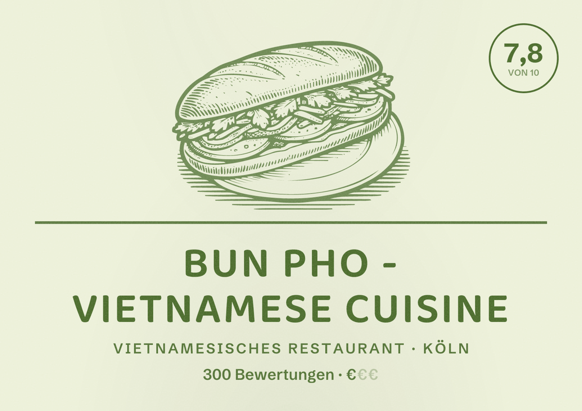 Illustriertes Poster von Bun Pho - Vietnamese Cuisine, Vietnamesisches Restaurant in Köln: Bewertung 7,8 von 10 aus 300 Bewertungen, Preisniveau €