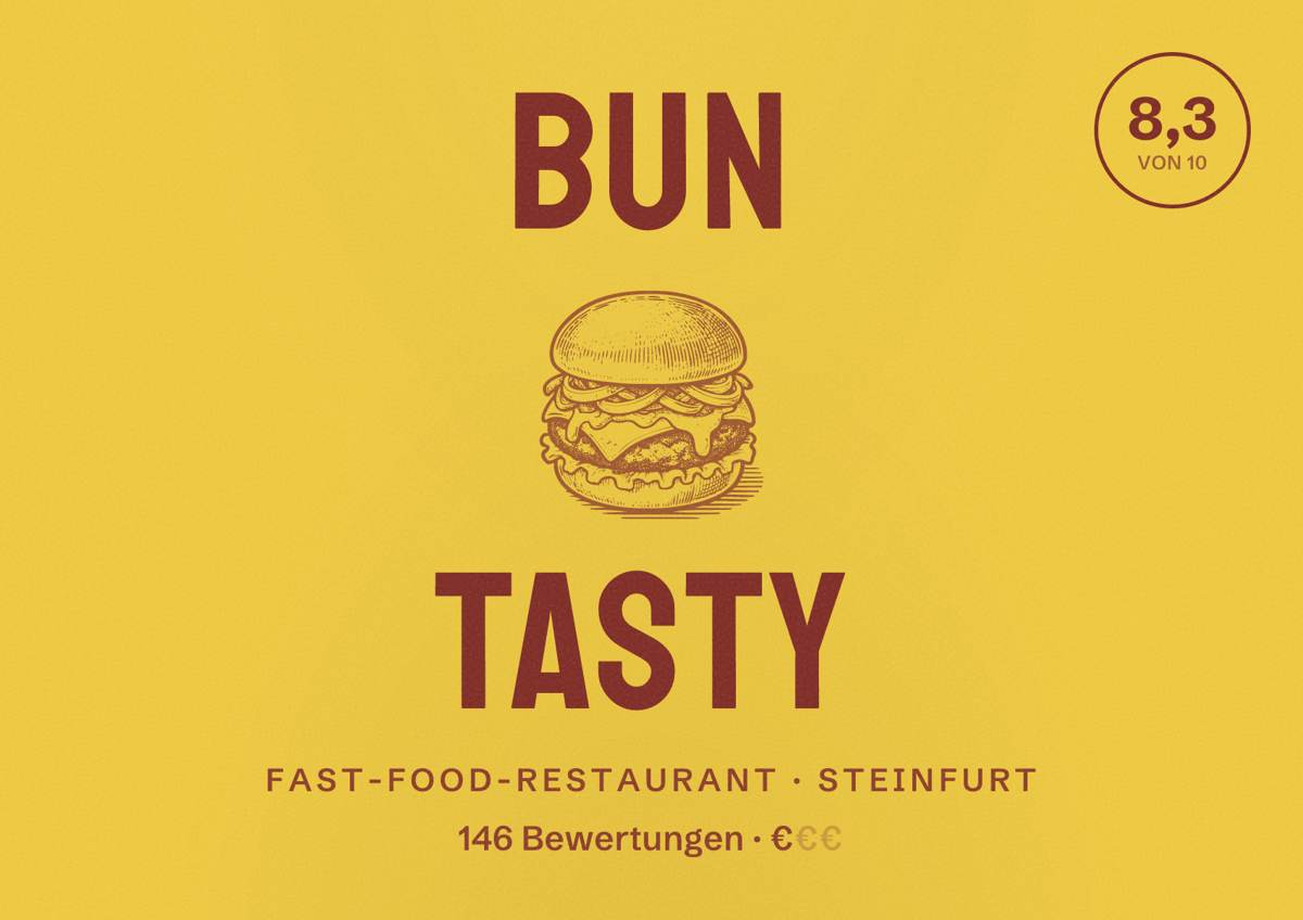 Illustriertes Poster von Bun Tasty, Fast-Food-Restaurant in Steinfurt: Bewertung 8,3 von 10 aus 146 Bewertungen, Preisniveau €