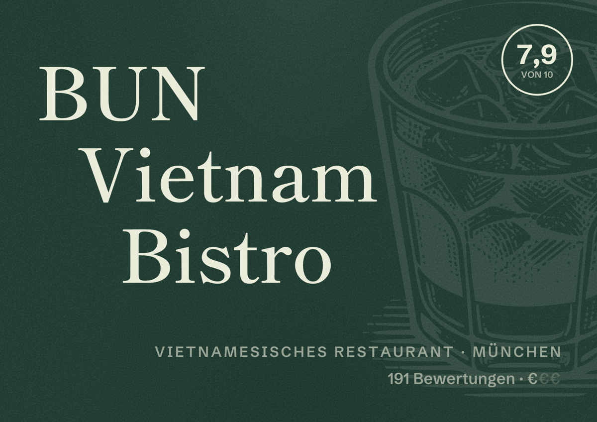 Illustriertes Poster von BUN Vietnam Bistro, Vietnamesisches Restaurant in München: Bewertung 7,9 von 10 aus 191 Bewertungen, Preisniveau €