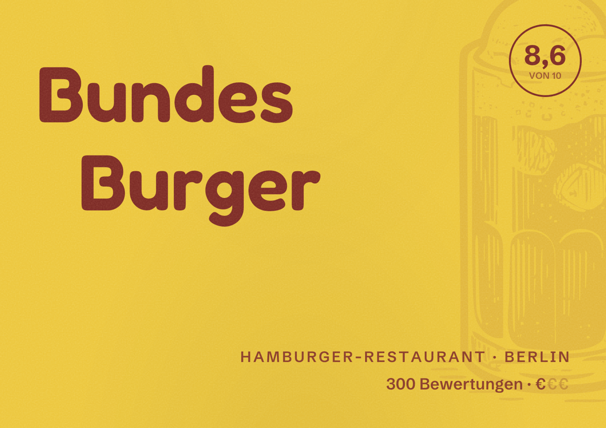 Illustriertes Poster von Bundes Burger, Hamburger-Restaurant in Berlin: Bewertung 8,6 von 10 aus 300 Bewertungen, Preisniveau €