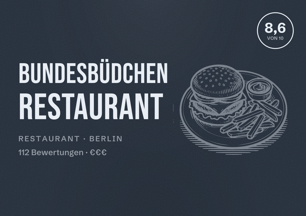 Illustriertes Poster von Bundesbüdchen Restaurant, Restaurant in Berlin: Bewertung 8,6 von 10 aus 112 Bewertungen, Preisniveau €€€