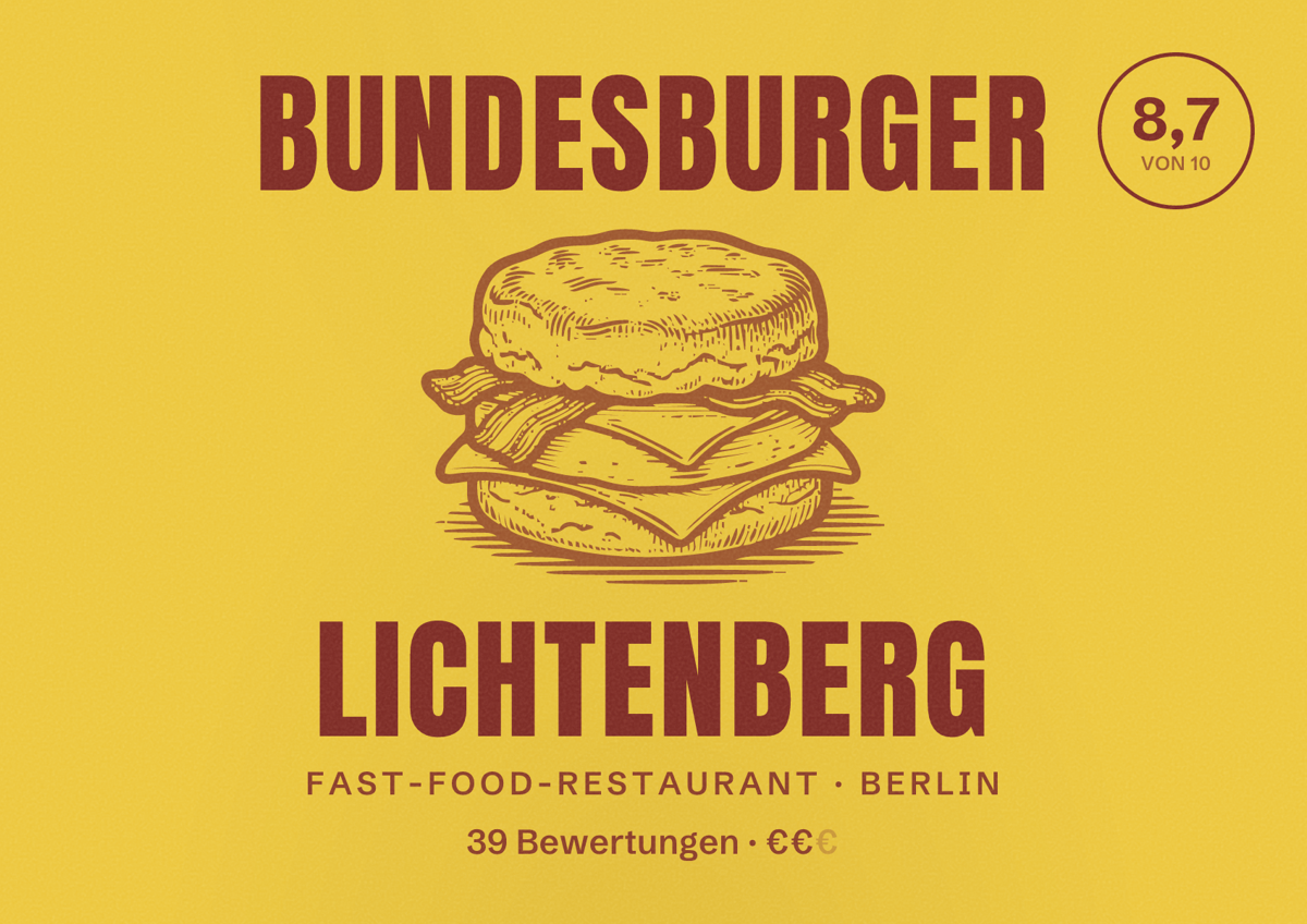Illustriertes Poster von bundesburger Lichtenberg, Fast-Food-Restaurant in Berlin: Bewertung 8,7 von 10 aus 39 Bewertungen, Preisniveau €€