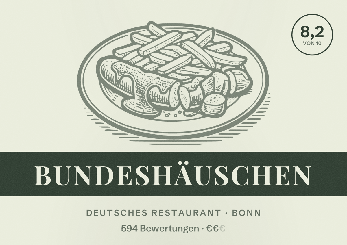 Illustriertes Poster von Bundeshäuschen, Deutsches Restaurant in Bonn: Bewertung 8,2 von 10 aus 594 Bewertungen, Preisniveau €€