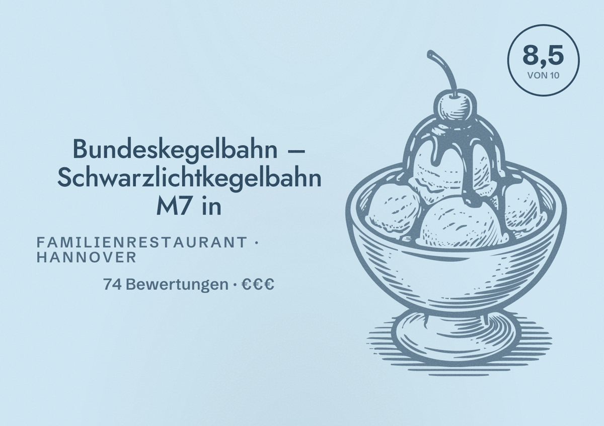 Illustriertes Poster von Bundeskegelbahn – Schwarzlichtkegelbahn M7 in, Familienrestaurant in Hannover: Bewertung 8,5 von 10 aus 74 Bewertungen, Preisniveau €€€