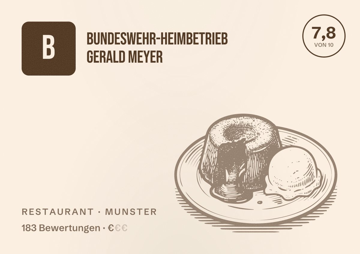 Illustriertes Poster von Bundeswehr-Heimbetrieb Gerald Meyer, Restaurant in Munster: Bewertung 7,8 von 10 aus 183 Bewertungen, Preisniveau €