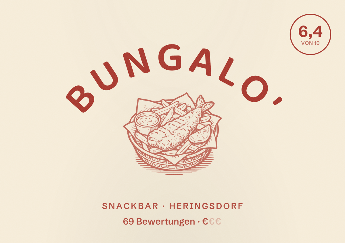 Illustriertes Poster von Bungalo', Snackbar in Heringsdorf: Bewertung 6,4 von 10 aus 69 Bewertungen, Preisniveau €
