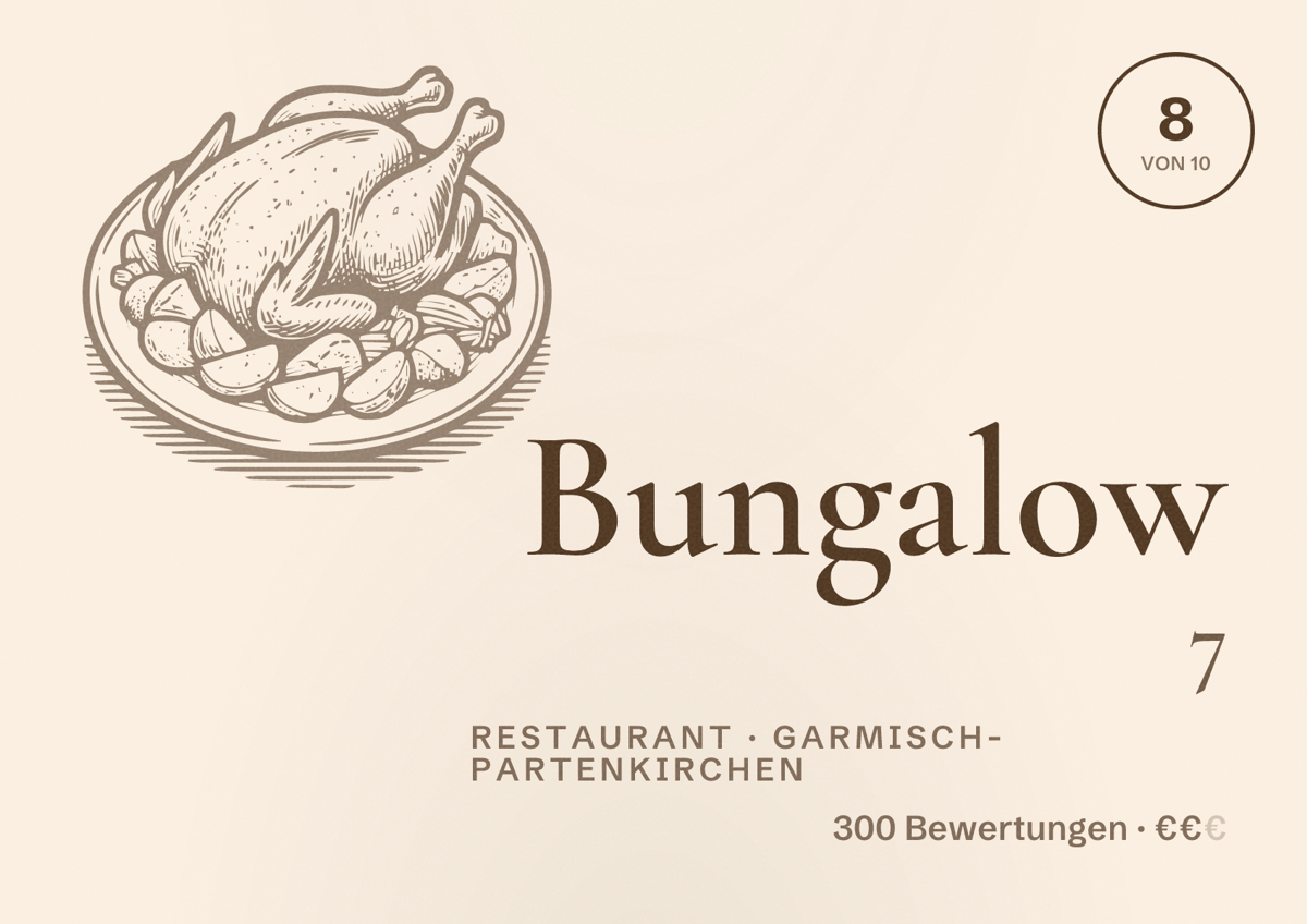 Illustriertes Poster von Bungalow 7, Restaurant in Garmisch-Partenkirchen: Bewertung 8 von 10 aus 300 Bewertungen, Preisniveau €€